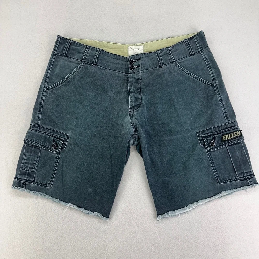 FALLEN Cargo Shorts Mens 38 Grey Canvas Y2K Long Skater Canvas‎ Raw Hem Utility